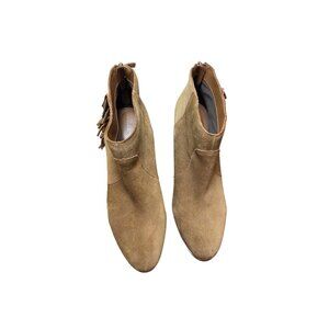 Violet & Red Tan Suede Ankle Rodeo Wester Block Heel Booties Fringe Detail 9.5